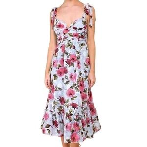 Lush Loveliness Light Blue Floral Jacquard Tie-Strap Midi Dress Large